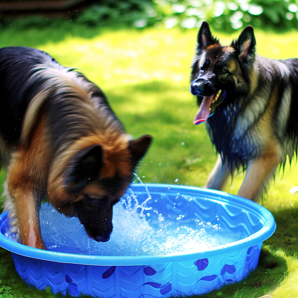 Two dogs play in a blue water pool.