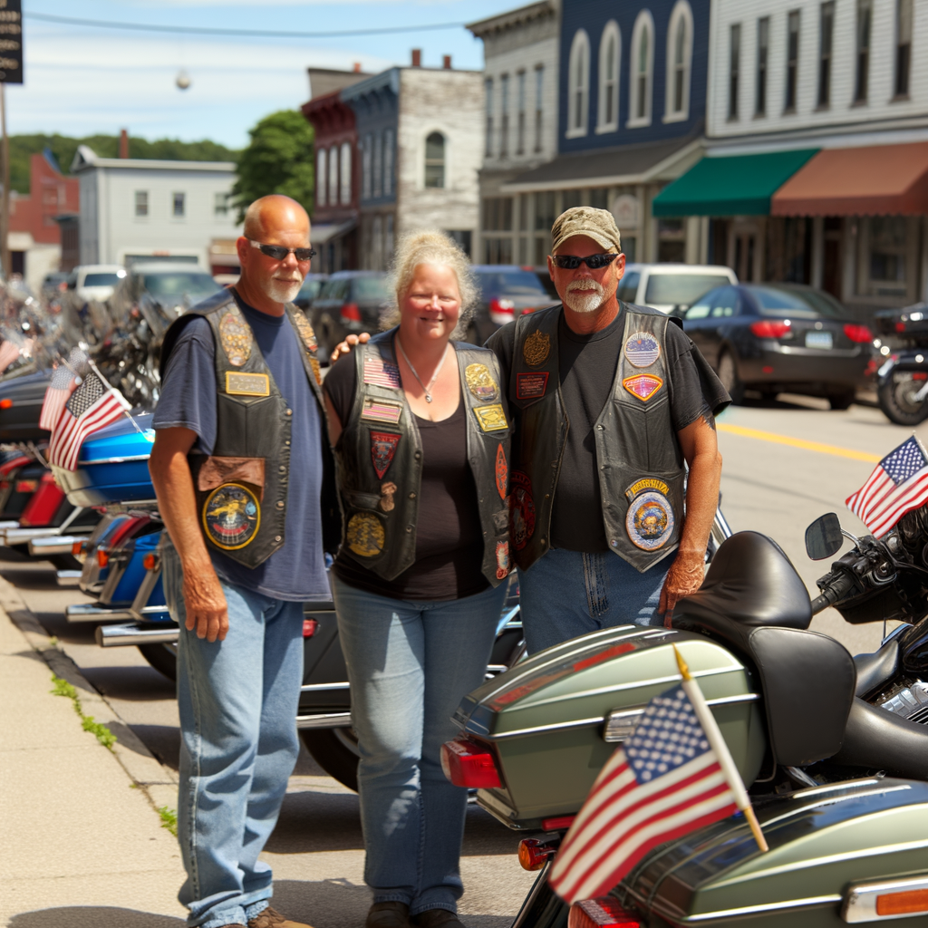 Bikers posing in vests beside motorcycles.