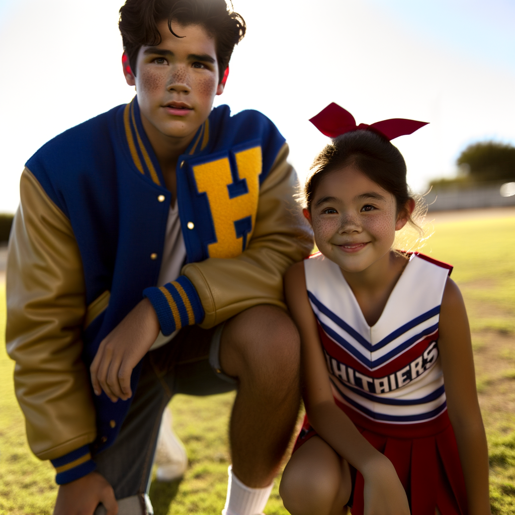 Cheerleader and student wearing letterman jacket, smiling together.