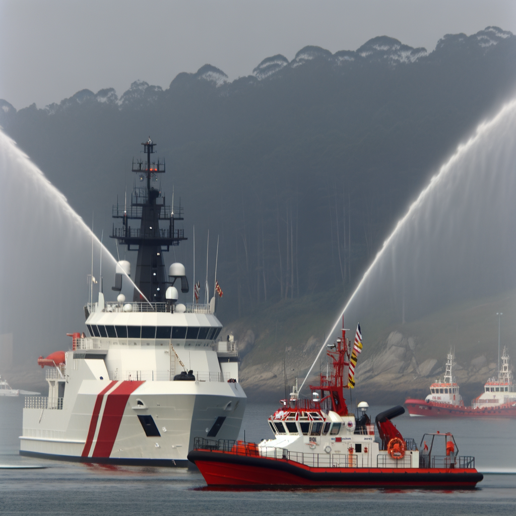 Two rescue boats navigating in a misty harbor.