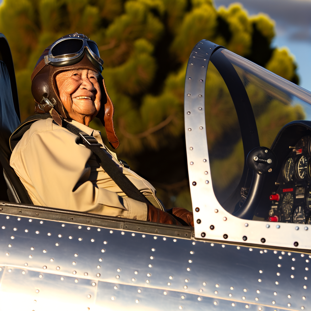 Smiling elderly pilot in a vintage aircraft cockpit.