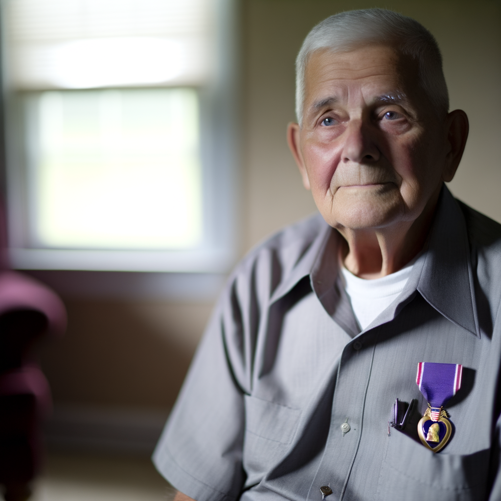 Elderly man wearing a Purple Heart medal.