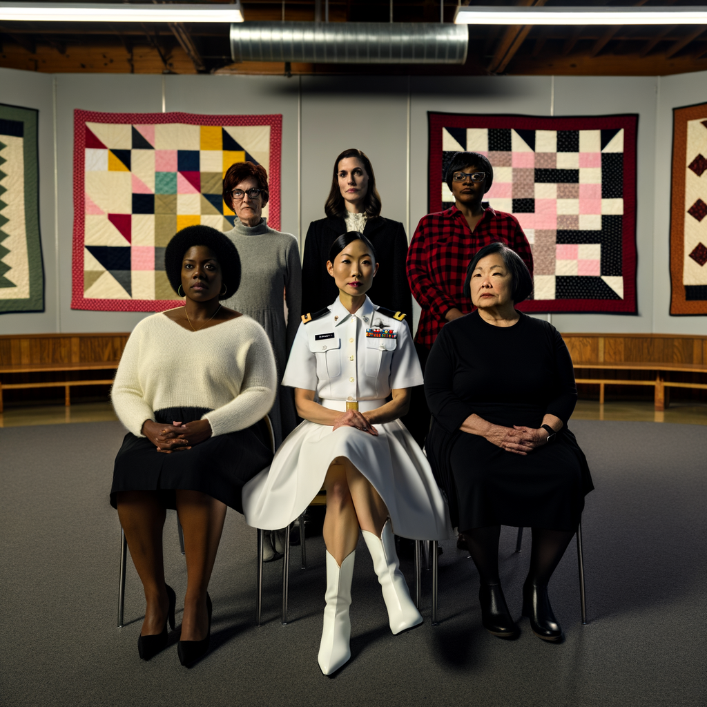 Women seated together in front of colorful quilts.