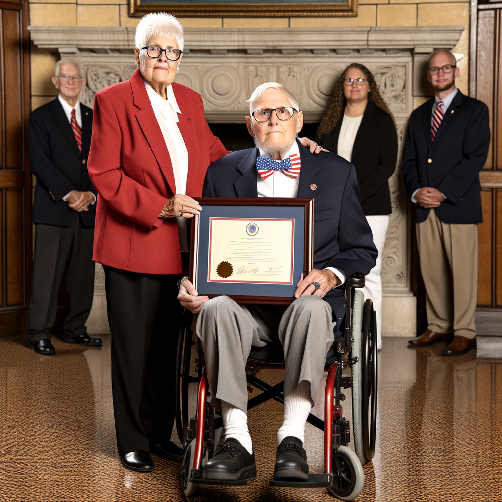 Elderly couple with award, surrounded by four others.