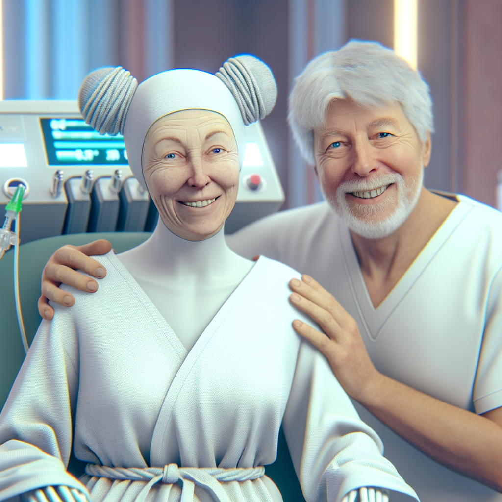 Smiling eldery couple with a humanoid robot.