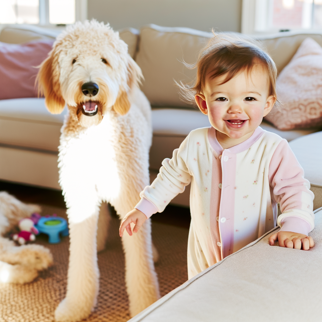 Smiling toddler playing with a dog in cozy room.