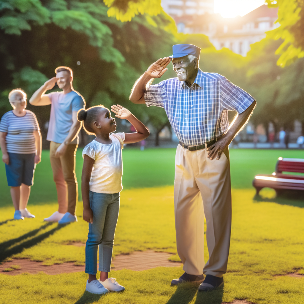 An elderly man and a girl saluting in a park.