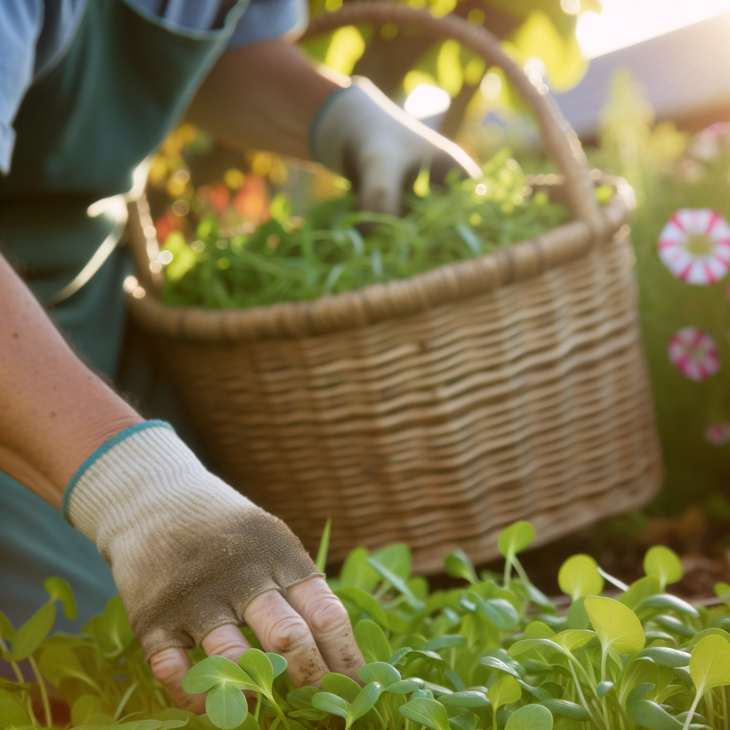Gardener harvesting greens into a wicker basket.
