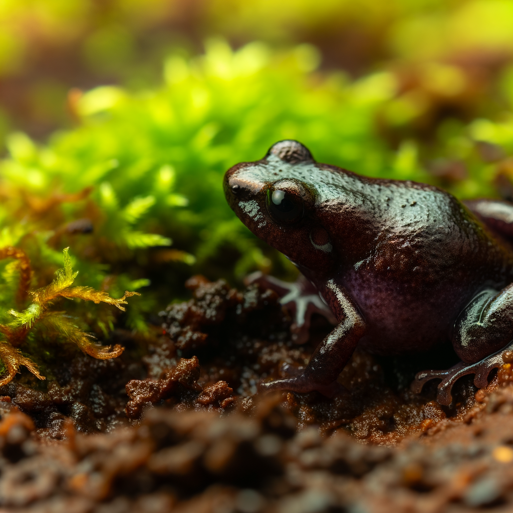 Close-up of a small frog on mossy ground.