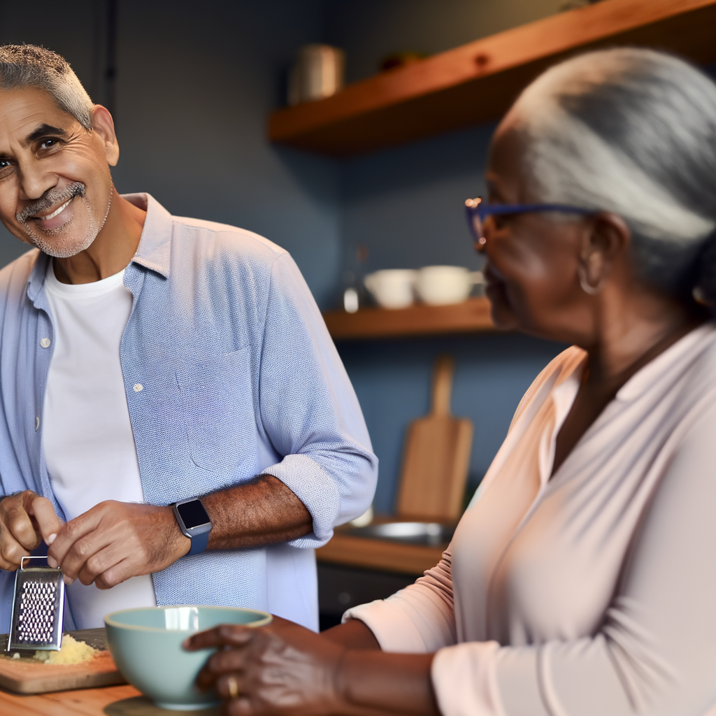 Two people smiling and cooking together in a kitchen.