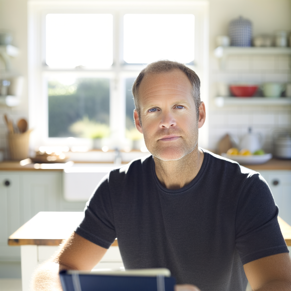 A man sitting at a kitchen table, looking thoughtfully.