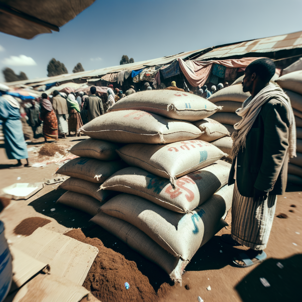 Market scene with stacked sacks and shoppers nearby.