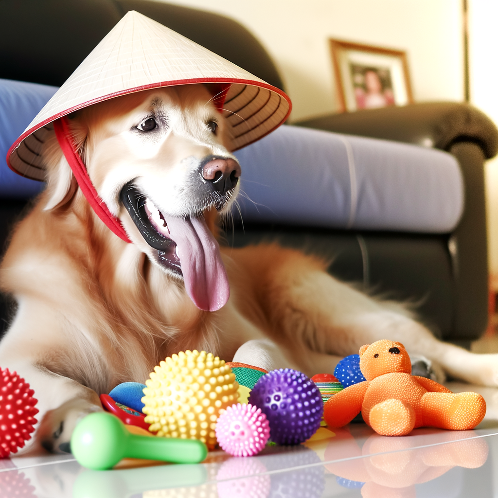 Golden retriever wearing a hat surrounded by colorful toys.