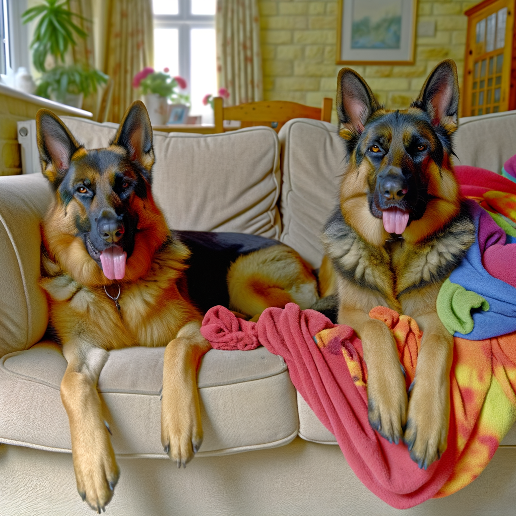 Two German Shepherds lounging on a couch with blankets.