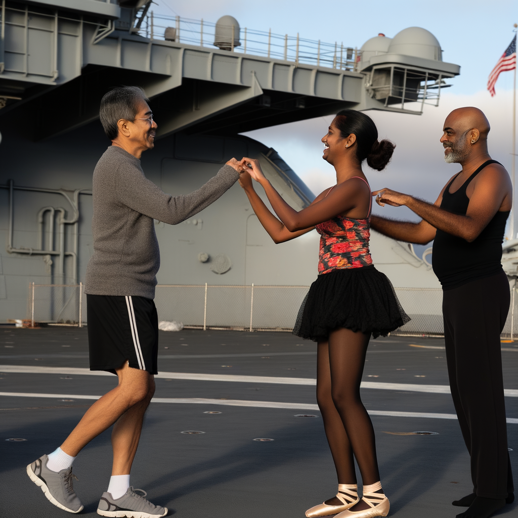 Dancers enjoying a joyful moment on a ship deck.