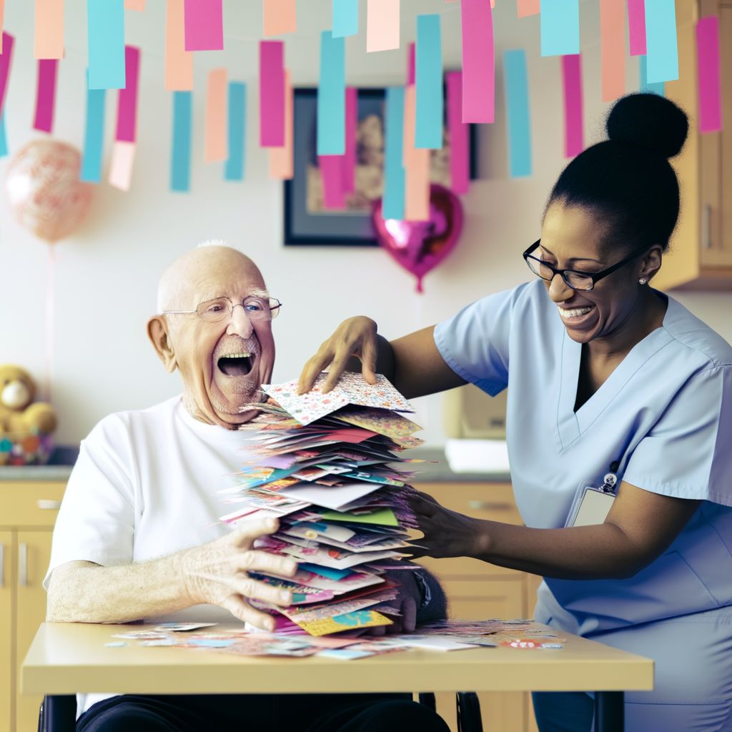 Happy elderly man enjoying cards with a caregiver.