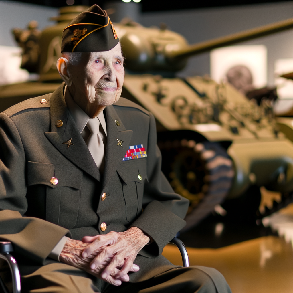 Elderly veteran seated with military honors and tank backdrop.