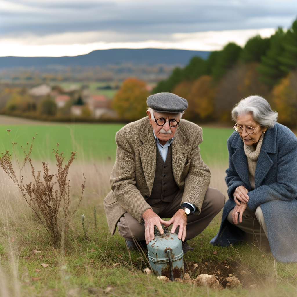 Elderly couple gardening in a scenic field.