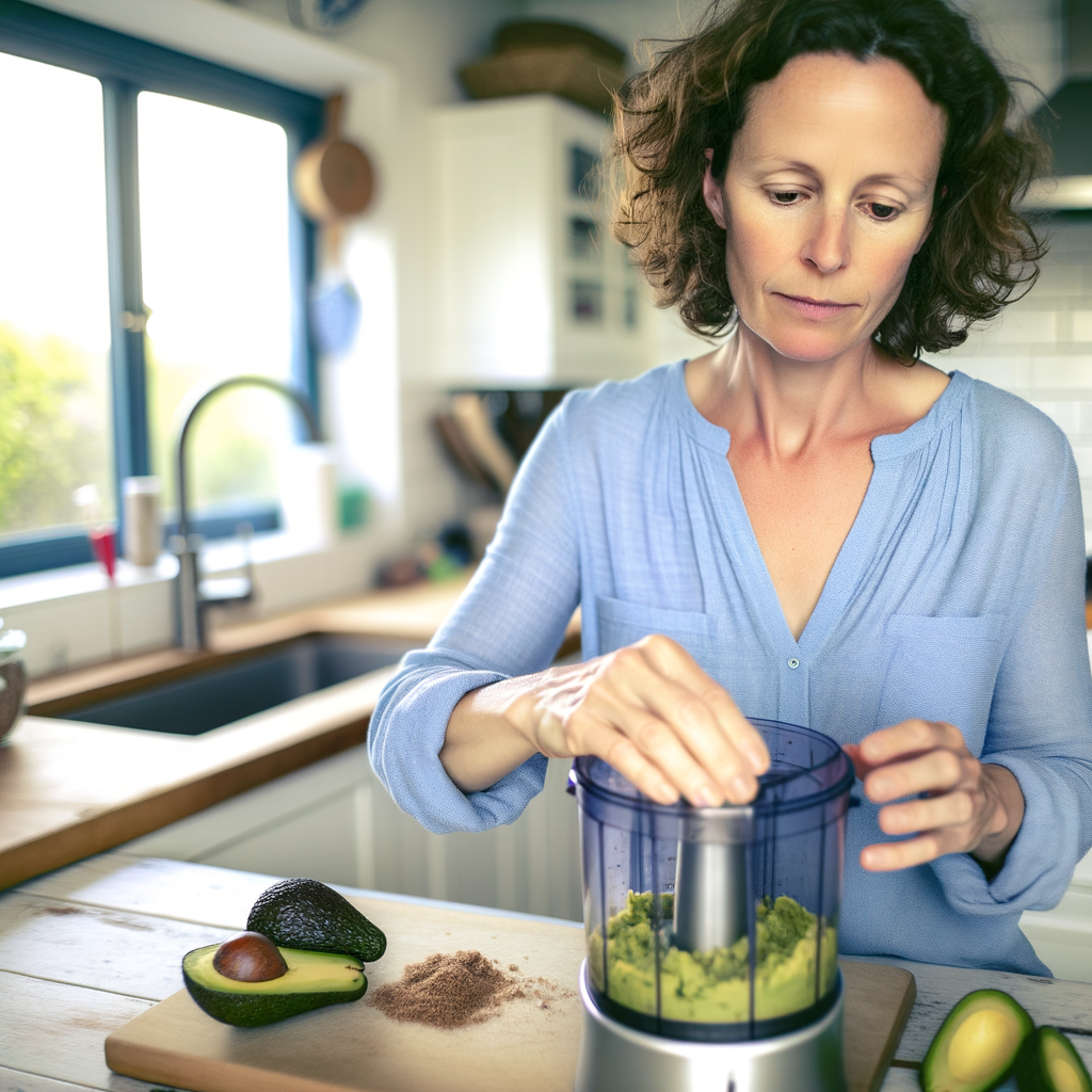 Woman preparing avocado in a food processor.