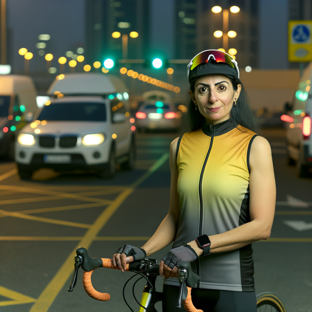 Cyclist in sporty attire at a traffic intersection.