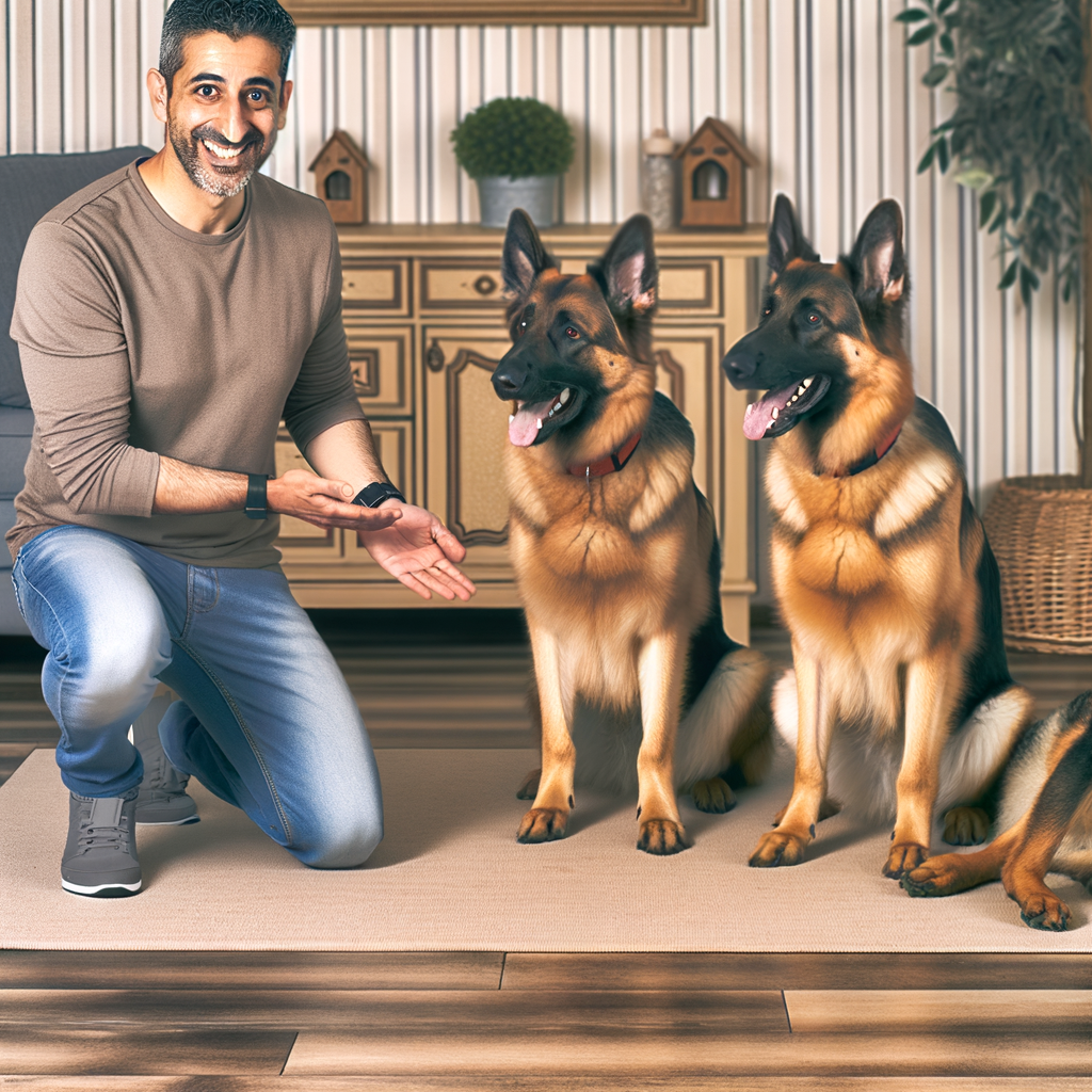 Man kneeling beside two happy German Shepherds indoors.