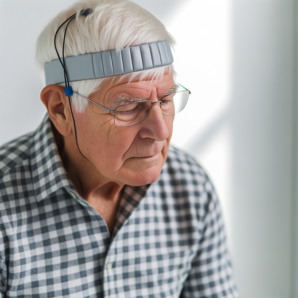 Elderly man wearing a headband device, deep in thought.