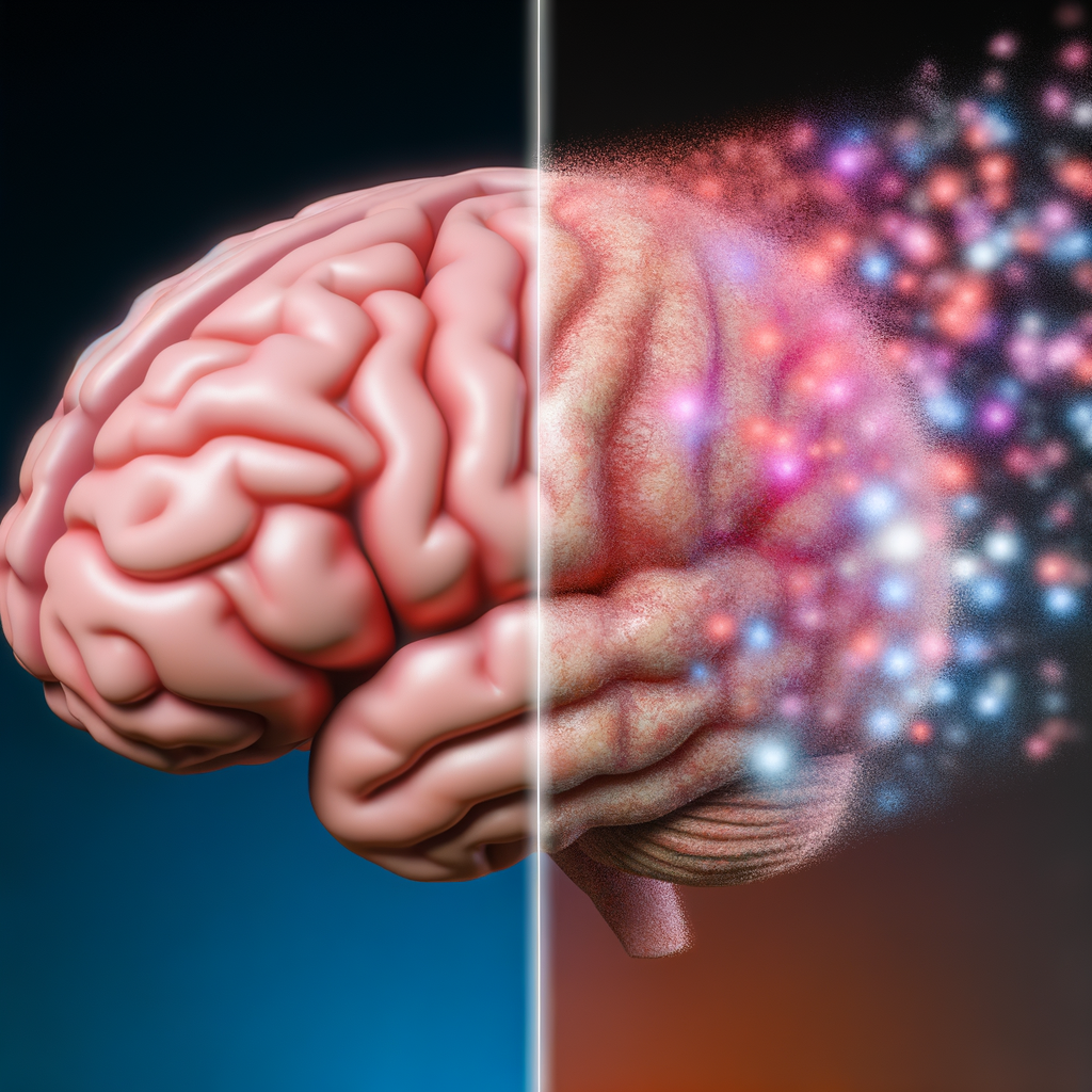 Human brain with colorful particles dispersing.