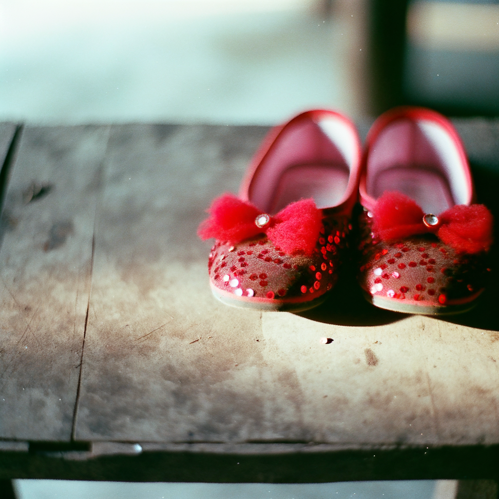 Red sequined shoes with fluffy bows on a table.