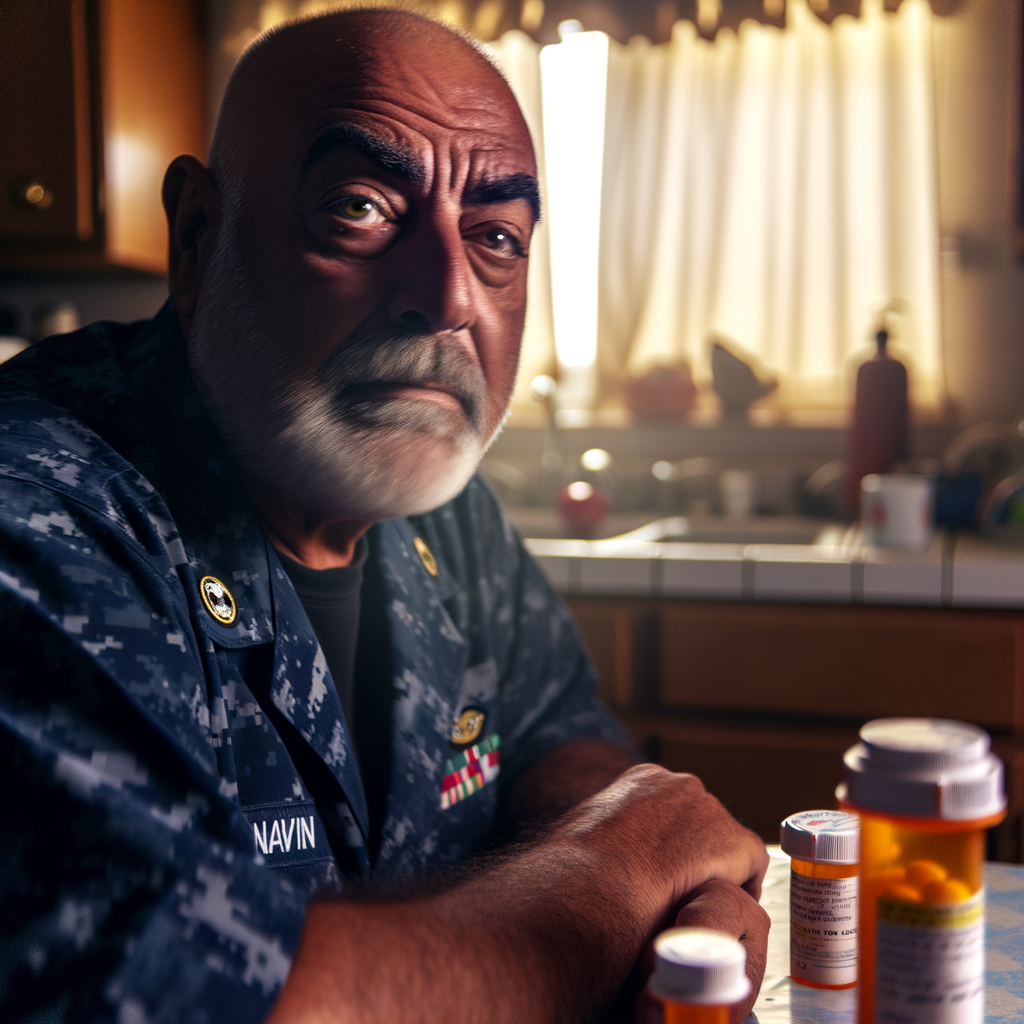 A serious older man in military attire with medications.