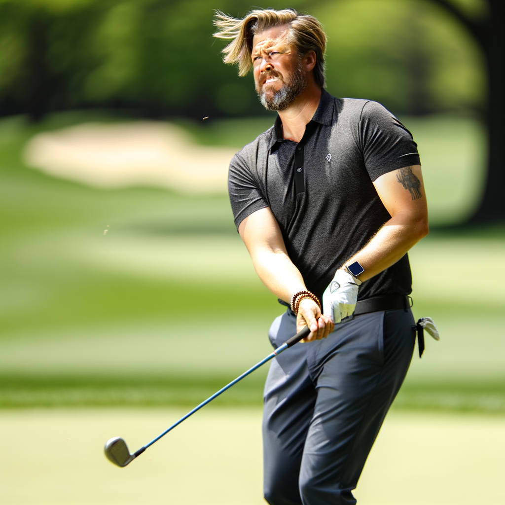 Golfer swinging club on a sunny day.