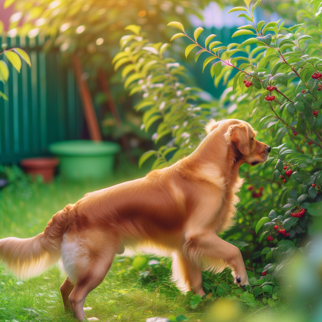 Golden retriever exploring a garden with berry bushes.