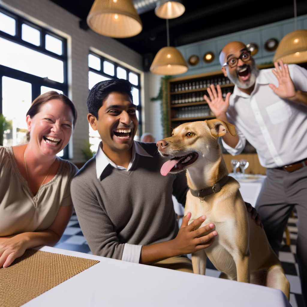 Friends enjoying a meal with a happy dog.