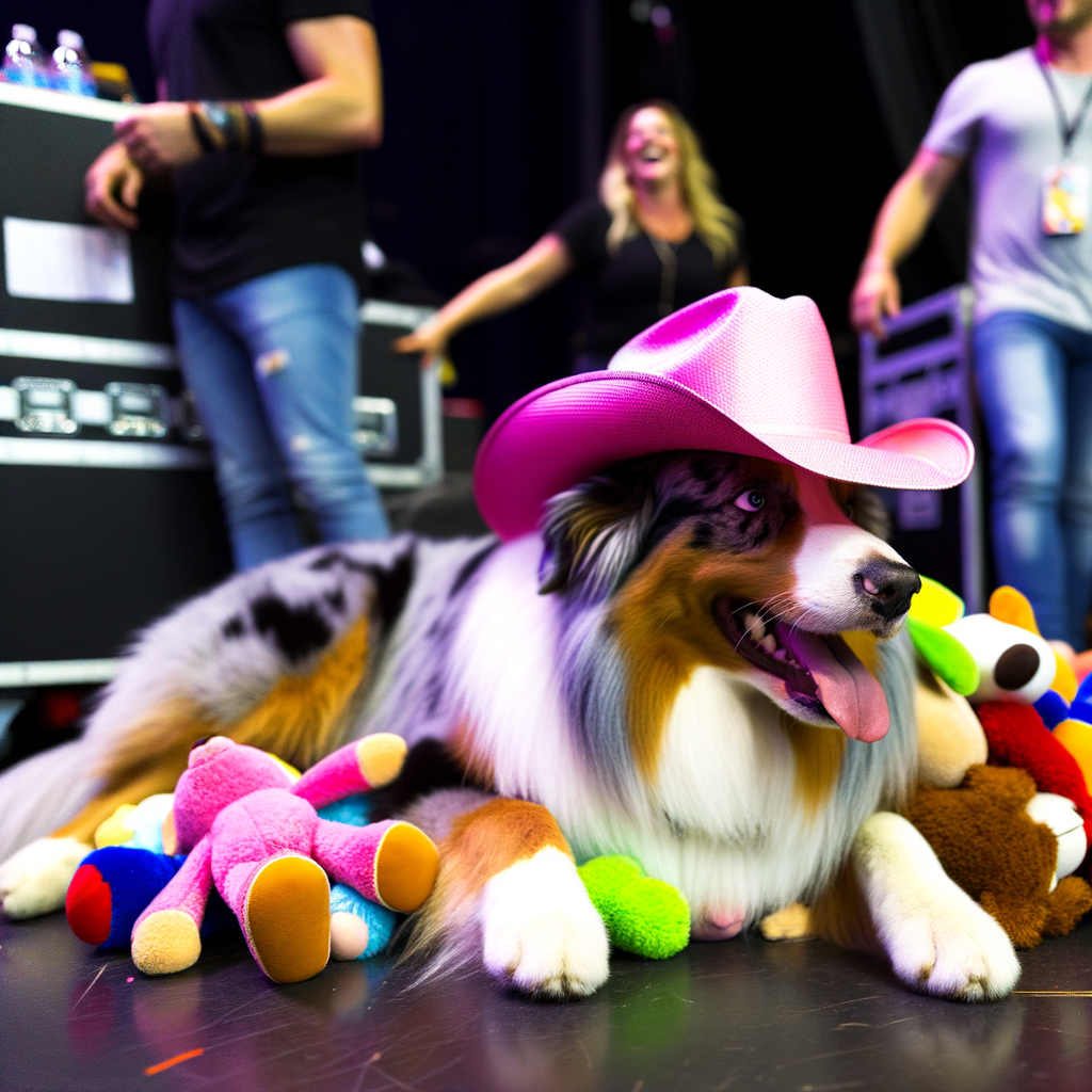 Dog wearing a pink hat surrounded by colorful toys.