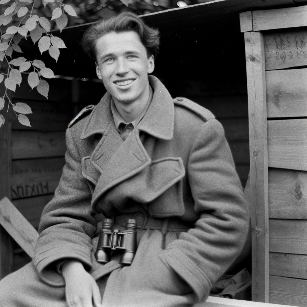 A smiling young man wearing a coat and binoculars.