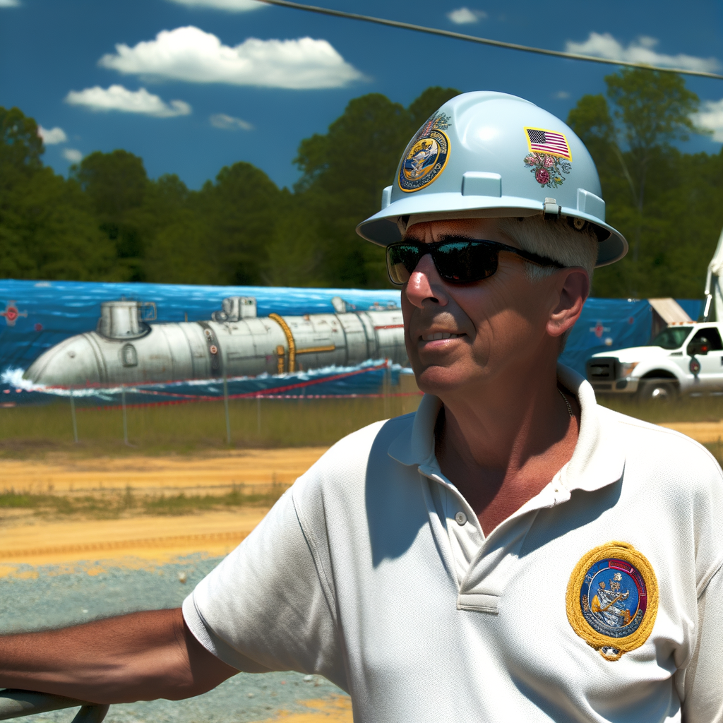 Man in a hard hat near a submarine mural.