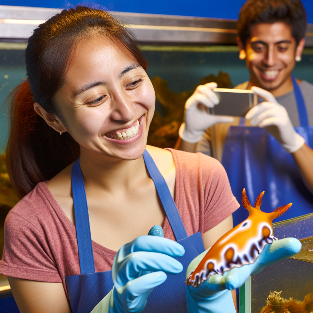Smiling woman holds a colorful sea creature.