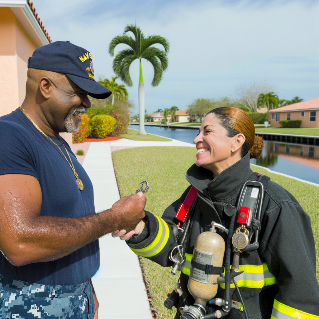 Two smiling individuals exchanging a token by a canal.