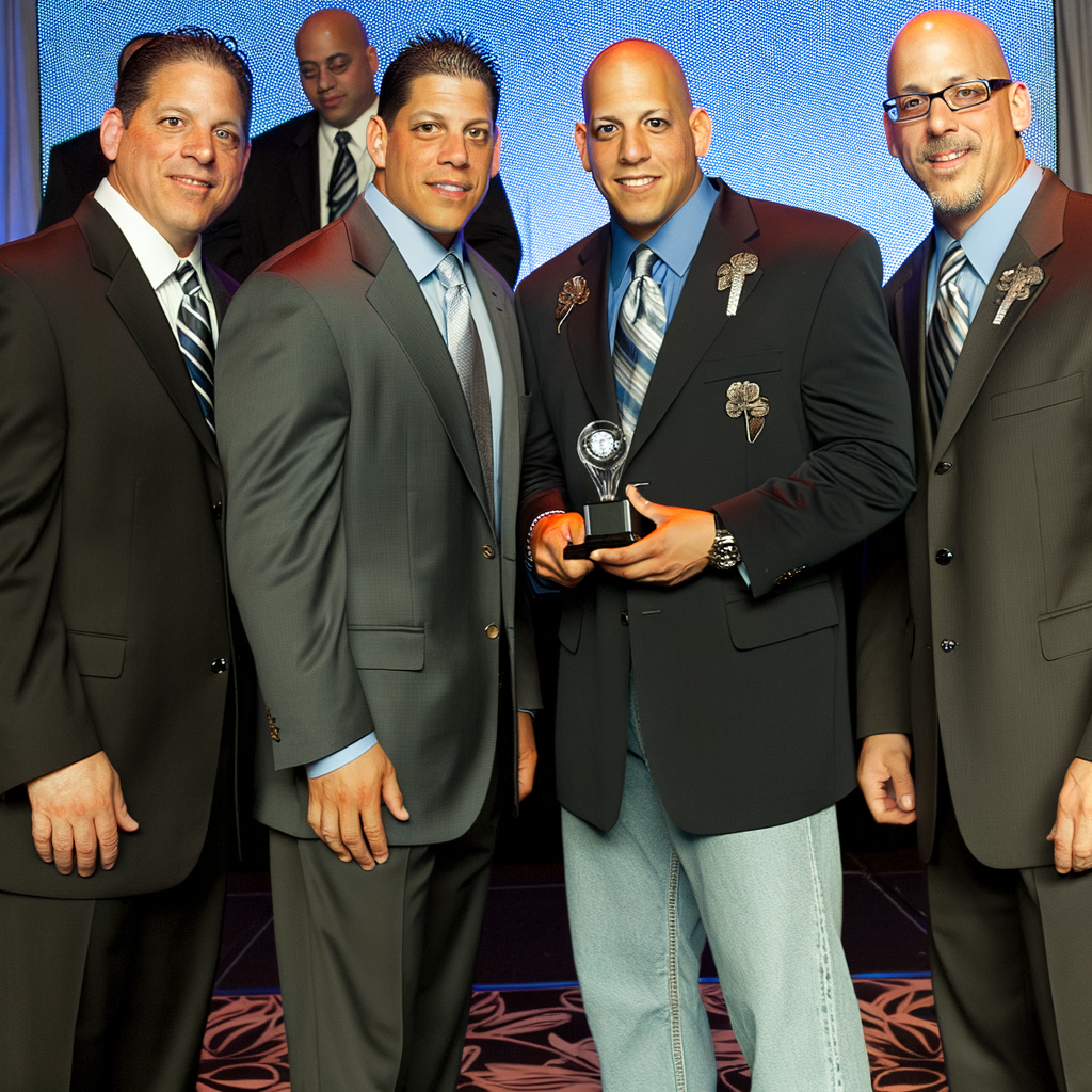 Four men in suits posing with an award.