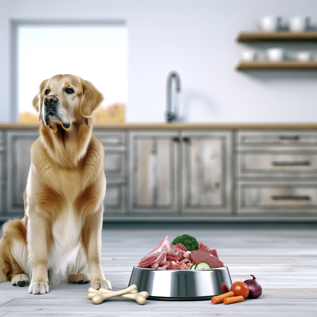 Golden retriever sitting beside a bowl of food.
