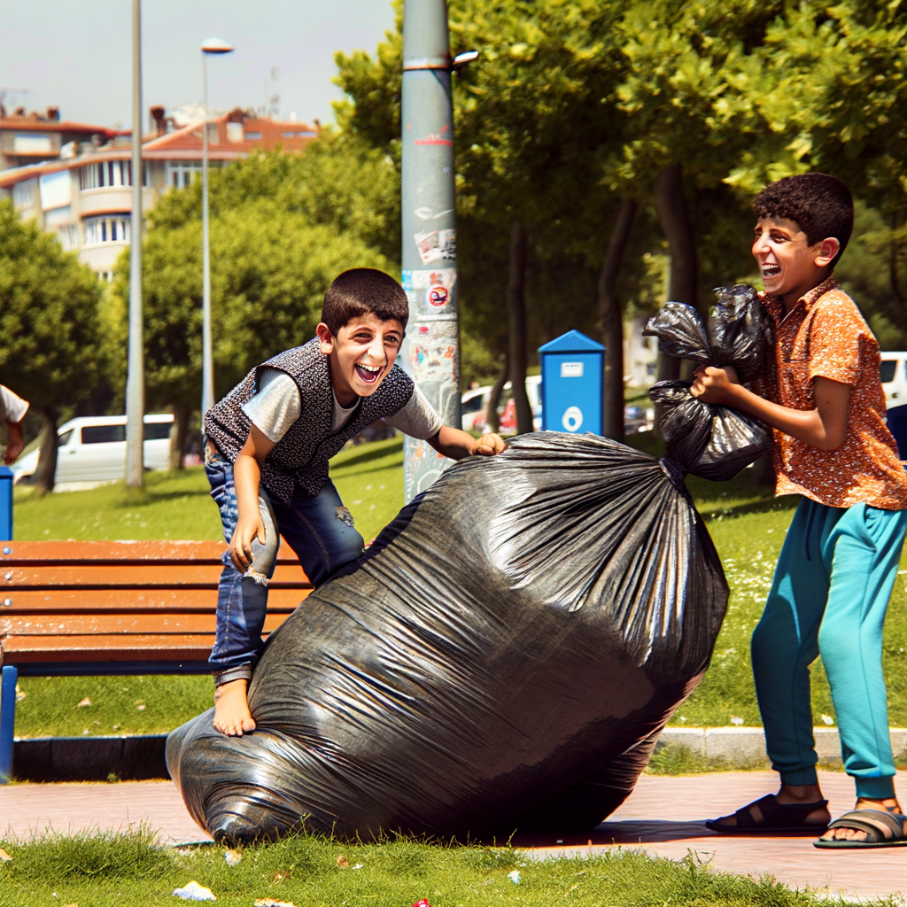 Two boys joyfully playing with a large trash bag.