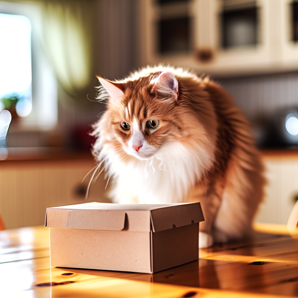 Curious cat inspecting a small cardboard box.