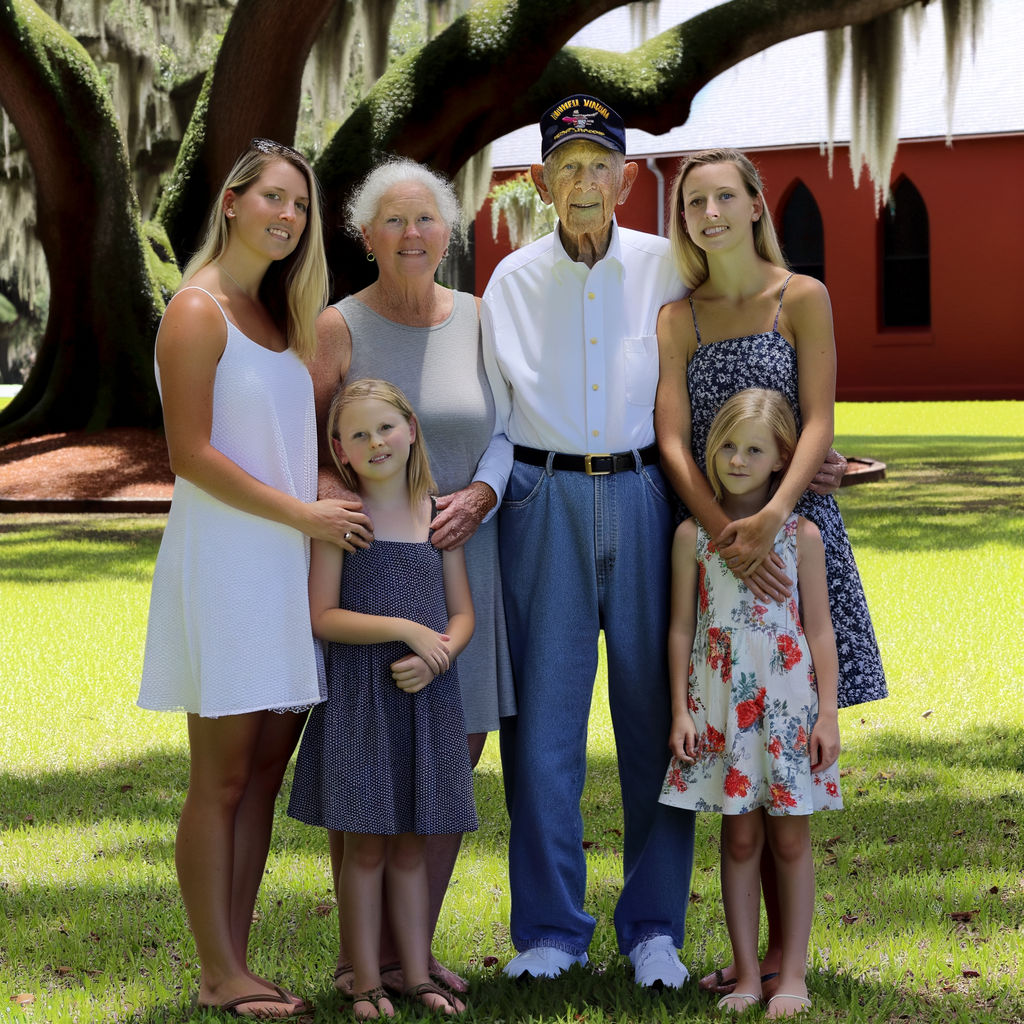A family posing together in a sunny park.