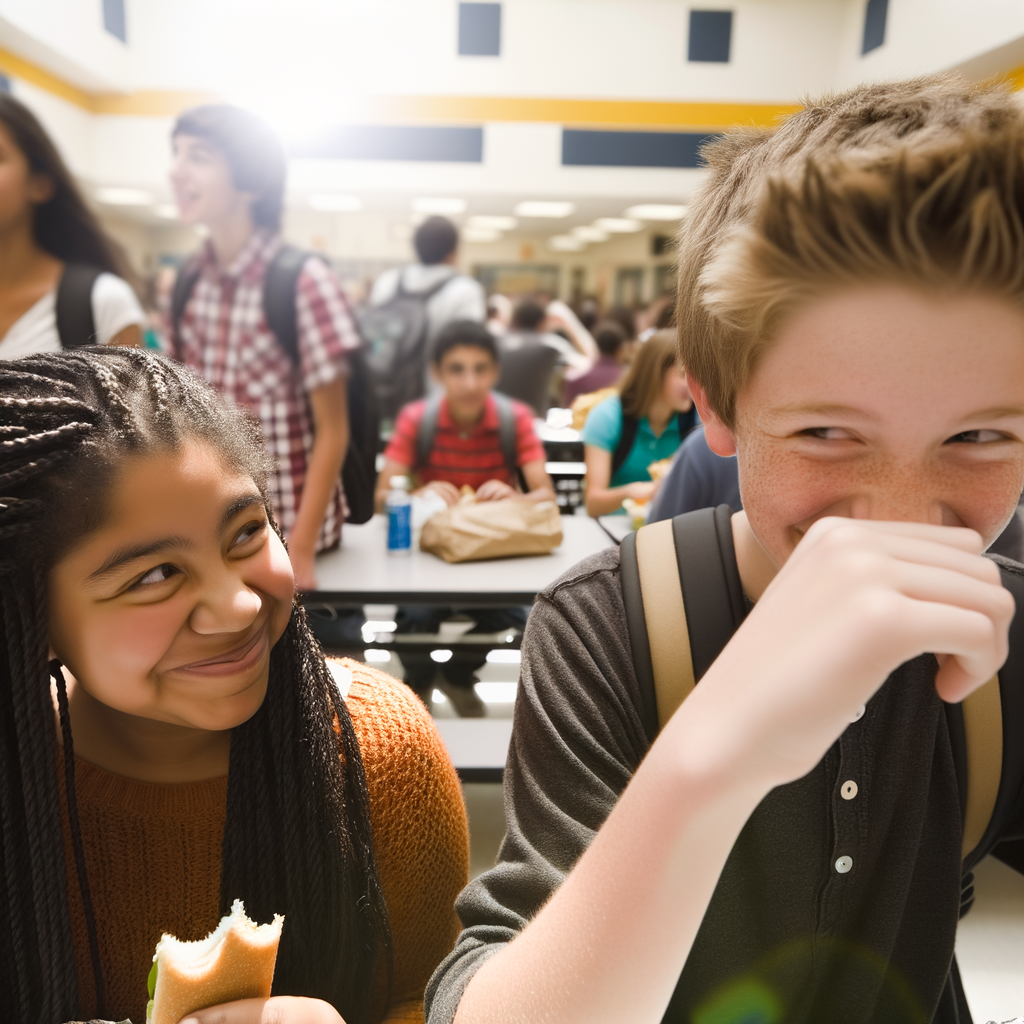 Two smiling students enjoying lunch in a busy cafeteria.