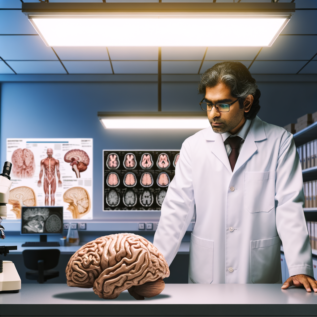 Scientist studying a brain model in a lab.