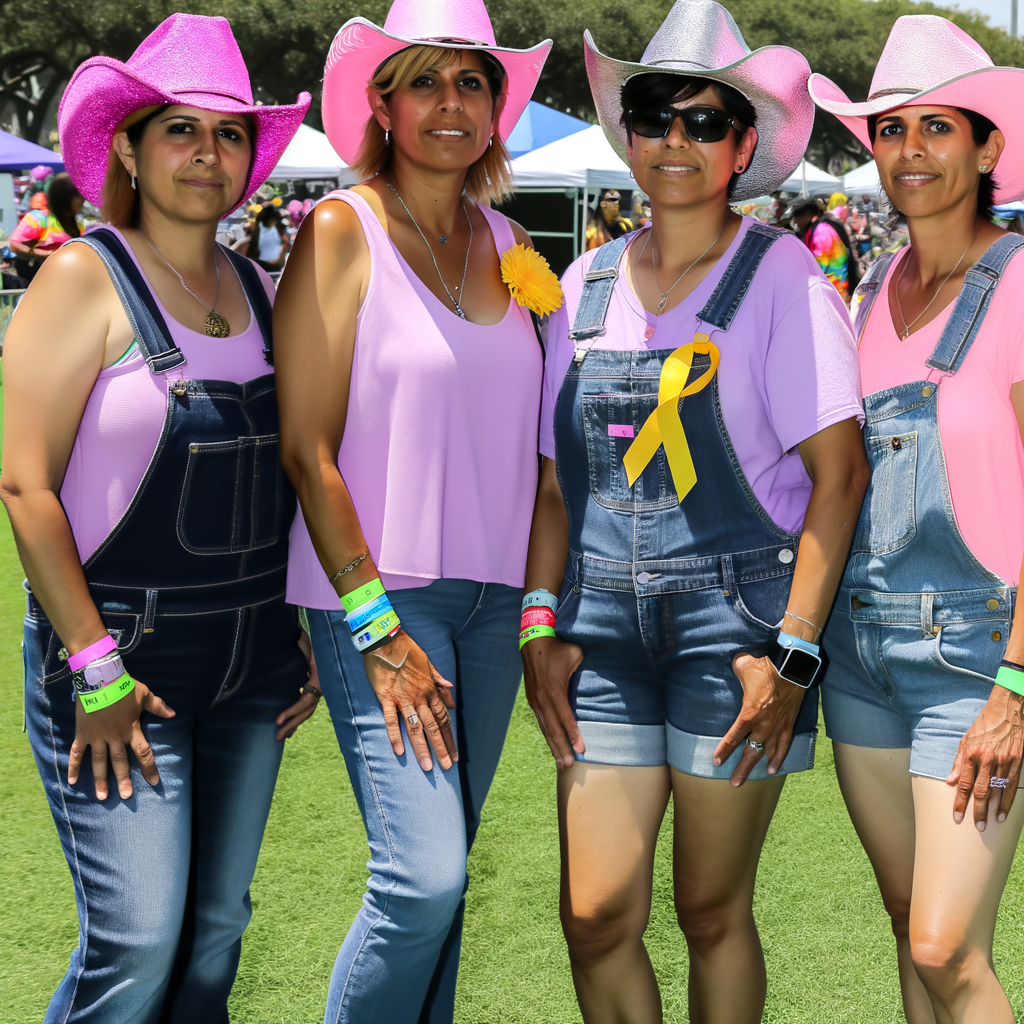 Four women in pink hats pose together outdoors.