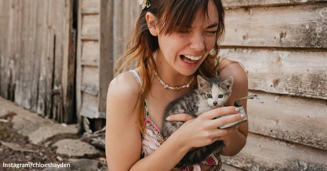 Smiling woman outdoors beside a weathered wooden wall cradles a tiny gray-and-white kitten while holding a small can of food.