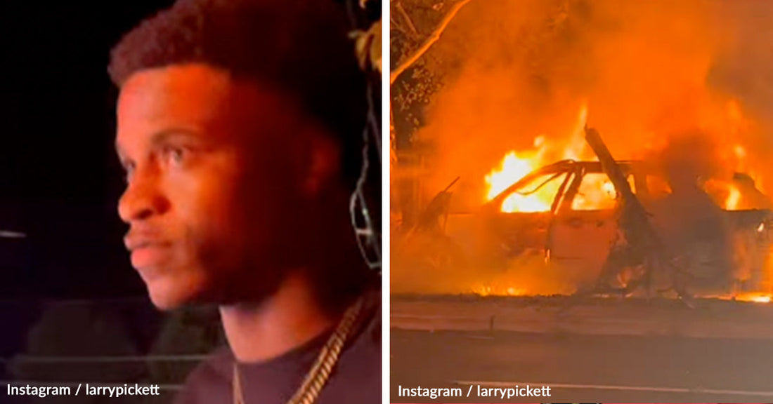 Split image: on the left, a young man in a black shirt under red light; on the right, a car burning in flames.
