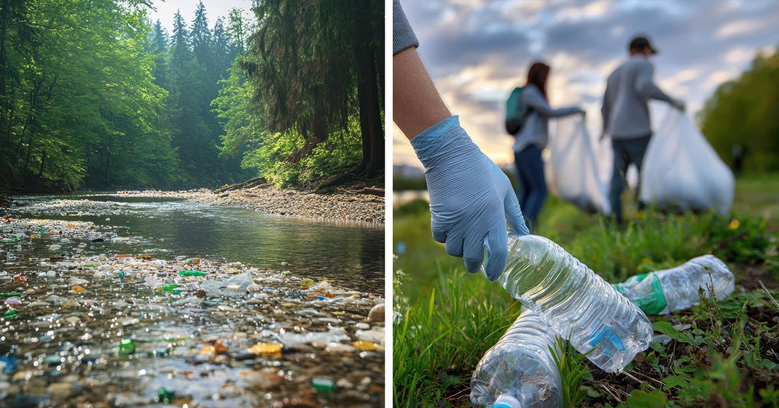 Split image showing a trash-filled forest stream on the left and volunteers cleaning up plastic waste near a riverbank on the right.