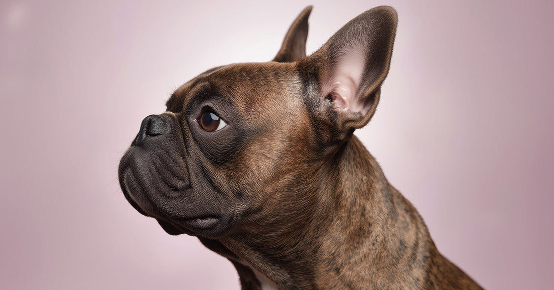Side view of a dark brown flat-faced dog.