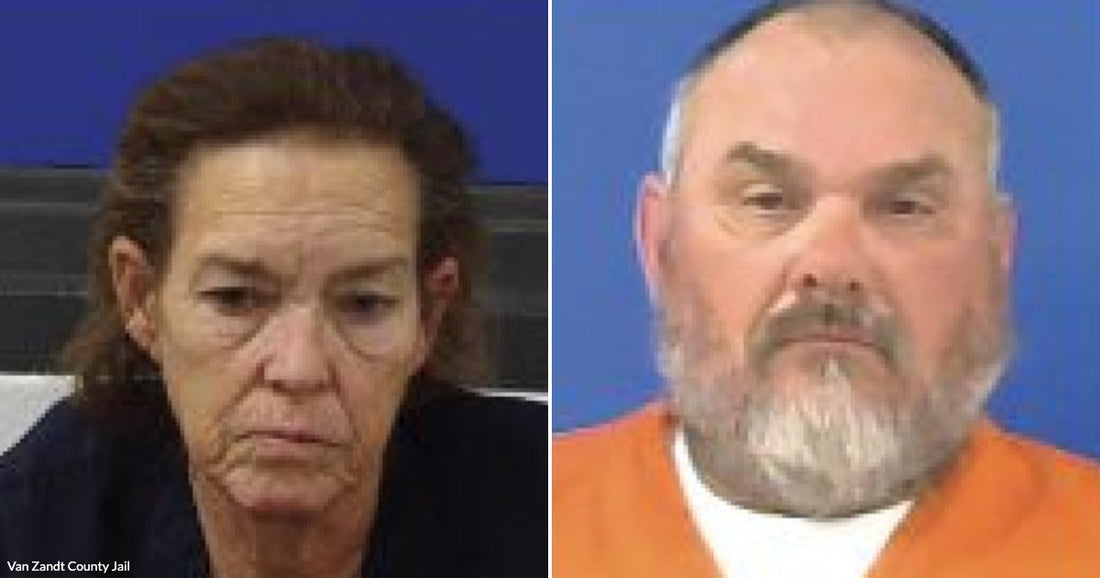Two mugshot-style photos of a woman and a an in front of a blue background.